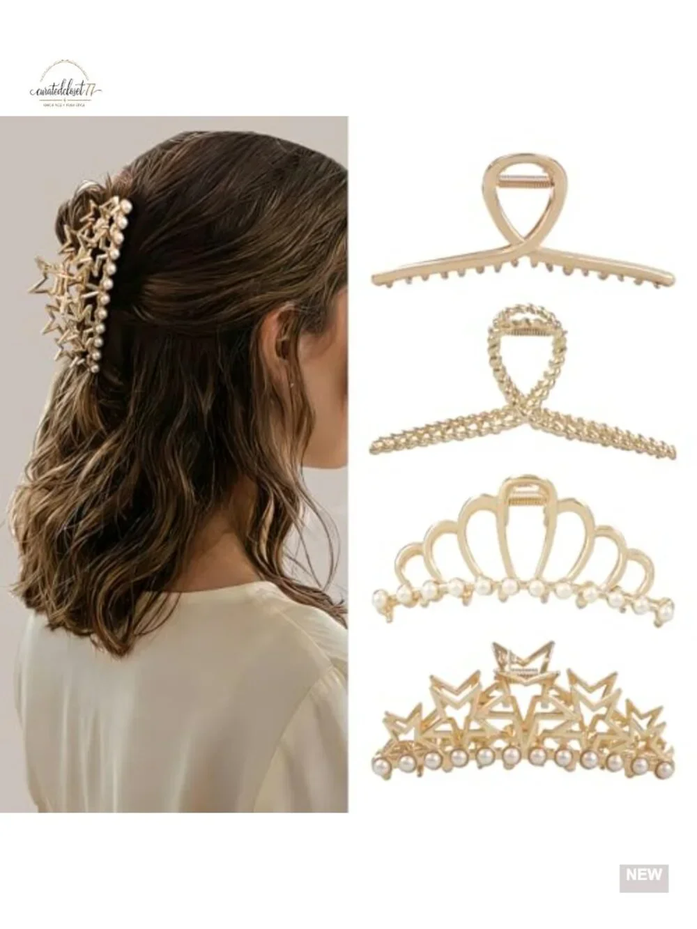 4 Pack Gold Metal Hair Claws with Pearl Embellished Strong Hold Hair Clips